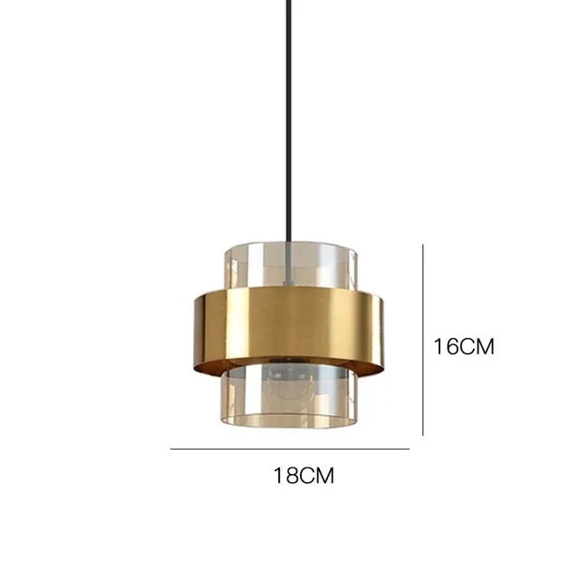 Nordic Glass Pendant Light | Modern Brass Cylinder Design In Amber or Smoke Grey Tinted Glass