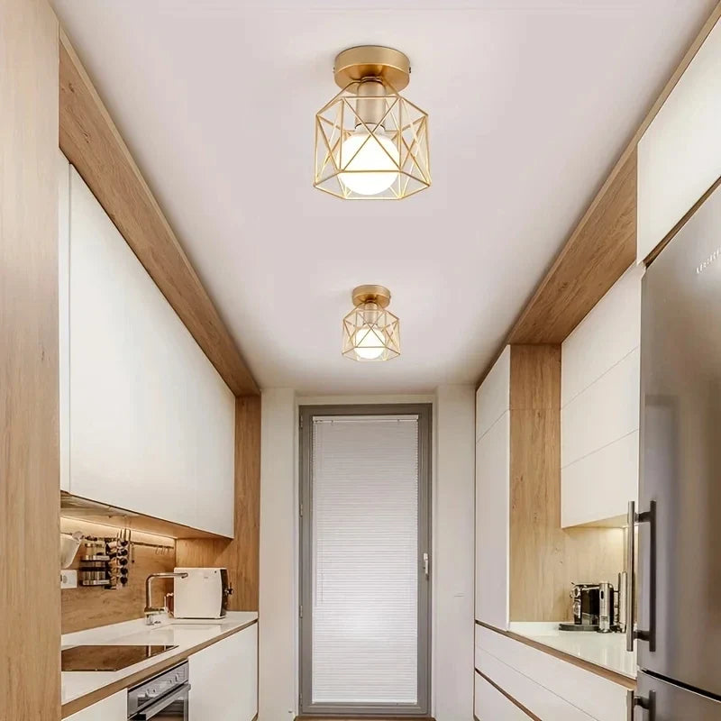 Modern Geometric Ceiling Light | Metal Cage Design Flush Mount In A Gold or Black Metal Finish