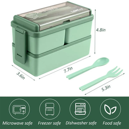 1400ml Double Layer Bento Box | Two Tier Lunch Box With A Fork and Spoon, Microwave Safe Design