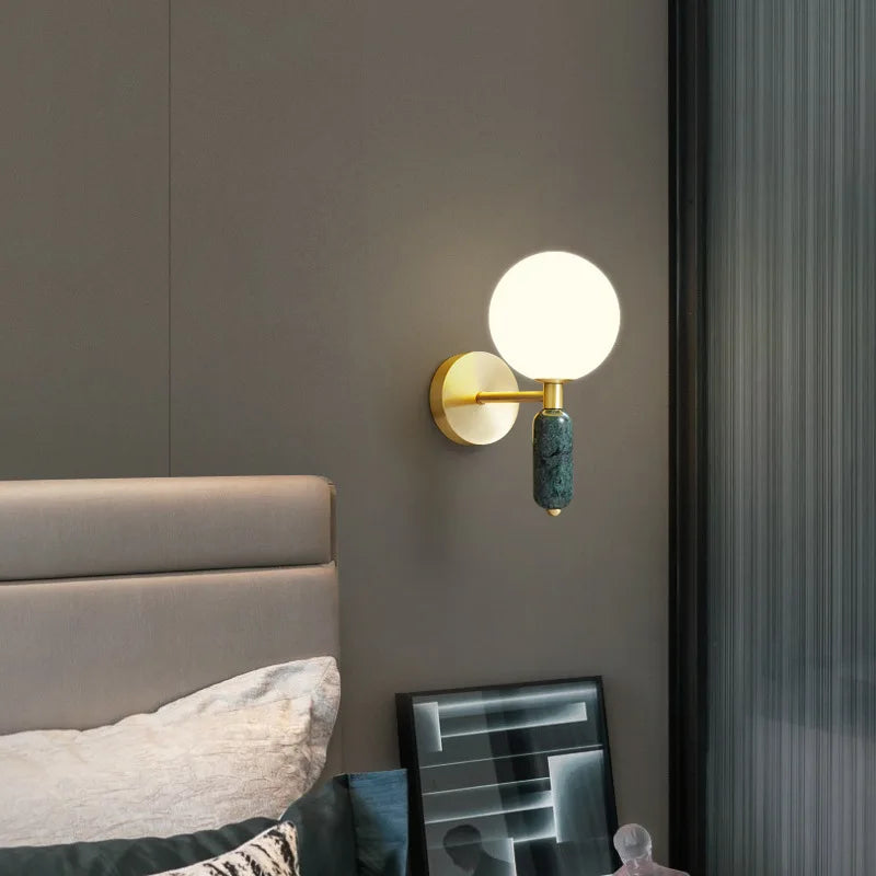 Marble and Glass Wall Lamp | Gold Finish Modern Sconce With A Frosted Glass Globe Diffuser