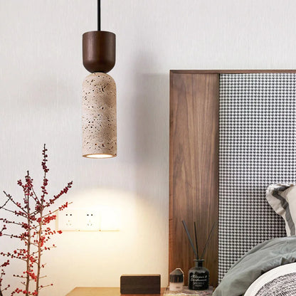 Wabi Sabi Travertine and Wood Pendant Light | Japanese Minimalist Stone Bedside Hanging Lamp