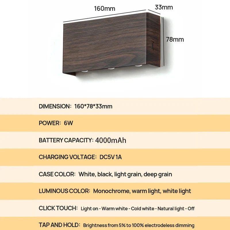 Blocklume Rechargeable Wall Lamp | Minimalist Wood Grain Design With Tricolour Light Modes