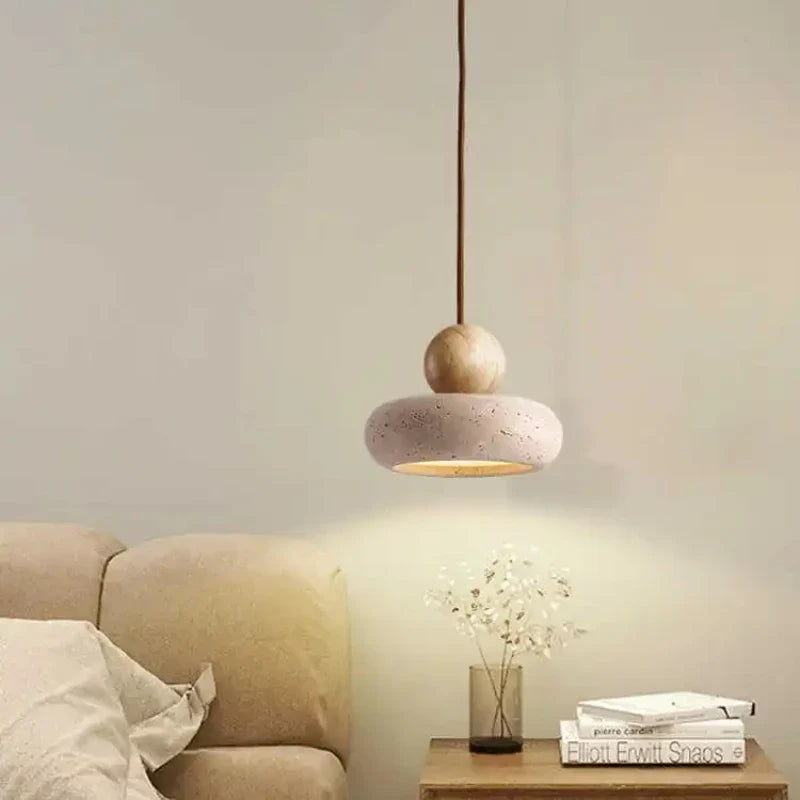 Natural Stone and Wood Pendant Light | Vintage Minimalist Small Hanging Ceiling Pendant Lamp