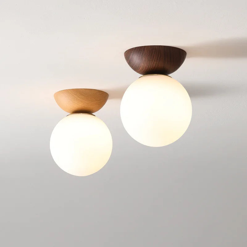 Nordic Glass Ball Light | Opal Shade With Wood Finish In Pendant or Flush Ceiling Versions