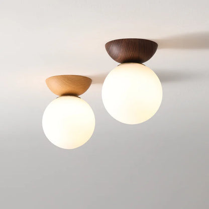 Nordic Glass Ball Light | Opal Shade With Wood Finish In Pendant or Flush Ceiling Versions