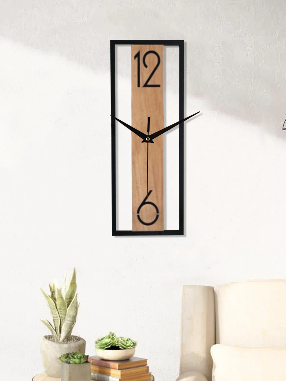 Modern Rectangular Wall Clock | Slim Wood Grain Frame For Hallways, Offices and Kitchen Areas