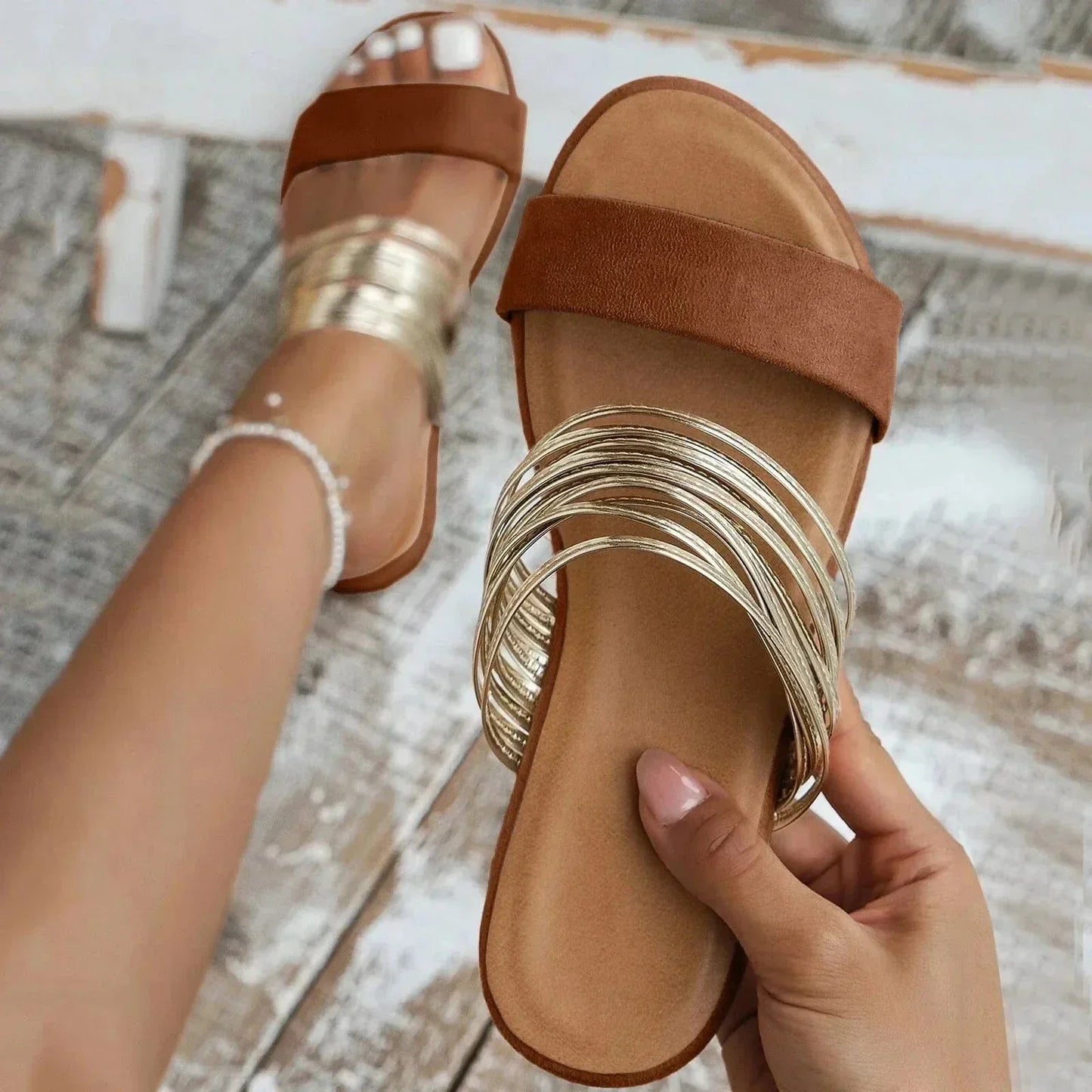 Solène Gold Strap Flat Sandals