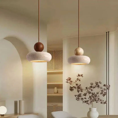 Natural Stone and Wood Pendant Light | Vintage Minimalist Small Hanging Ceiling Pendant Lamp
