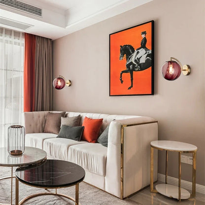 Modern Glass Ball Wall Lamp | Brass Arm and Tinted Glass Design In Four Bold Shade Colourways
