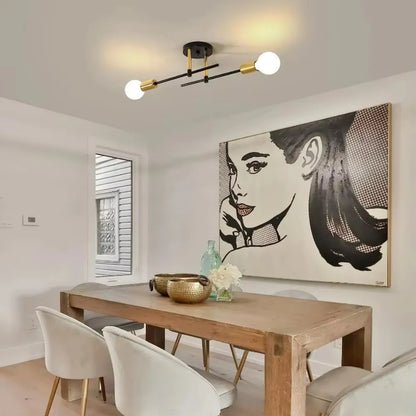 Modern 2 Light Ceiling Lamp | Black and Gold Flush Mount For Hallways, Bedrooms and Landings