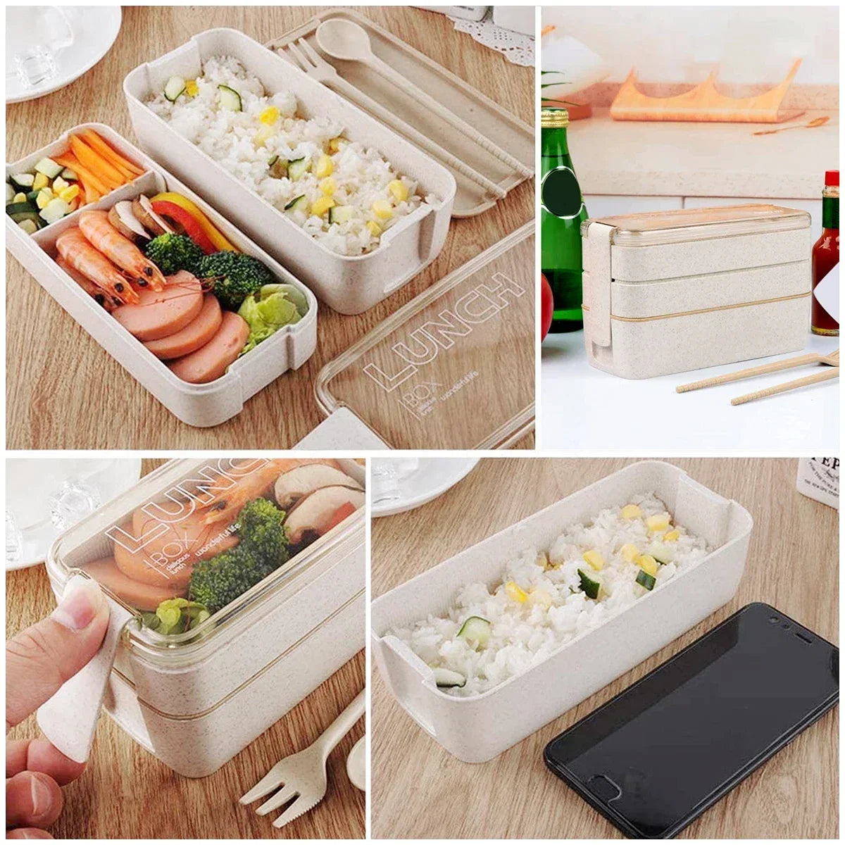 Strawstack 3 Tier Bento Lunch Box | Wheat Straw 900ml Stackable Food Container For Work Lunches