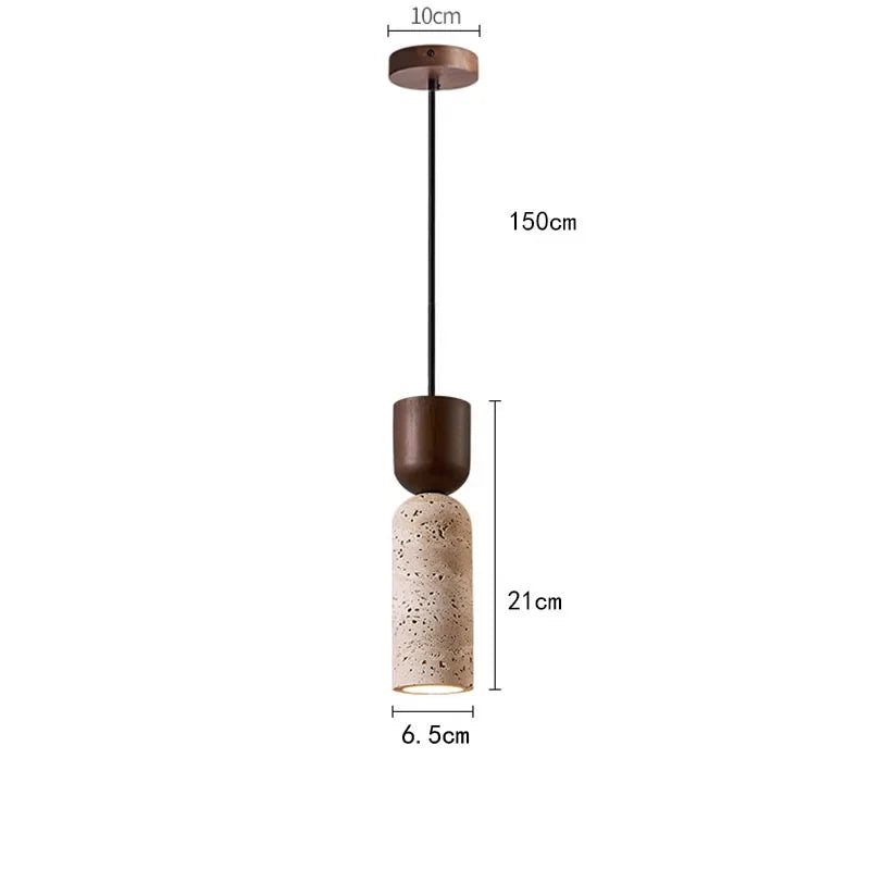 Wabi Sabi Travertine and Wood Pendant Light | Japanese Minimalist Stone Bedside Hanging Lamp