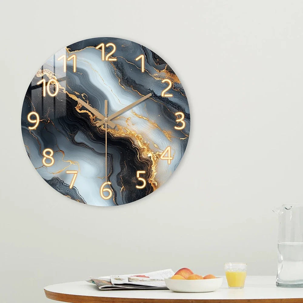 Blue And Gold Marble Wall Clock | Silent Wooden Wall Clock In Four Sizes For Kitchens and Halls