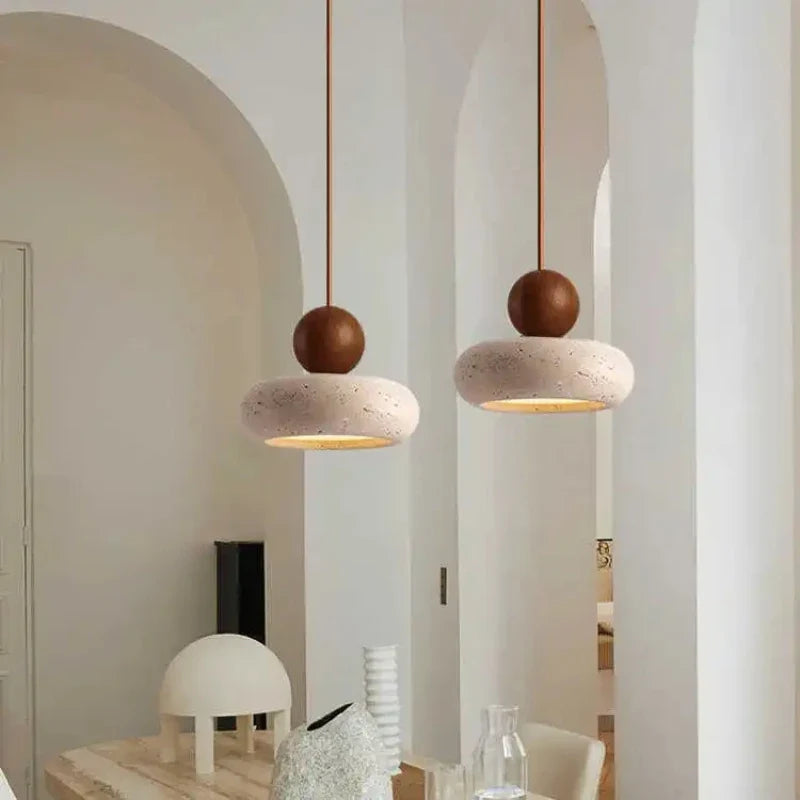 Natural Stone and Wood Pendant Light | Vintage Minimalist Small Hanging Ceiling Pendant Lamp