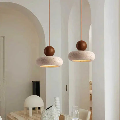 Natural Stone and Wood Pendant Light | Vintage Minimalist Small Hanging Ceiling Pendant Lamp