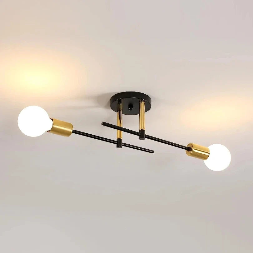Modern 2 Light Ceiling Lamp | Black and Gold Flush Mount For Hallways, Bedrooms and Landings