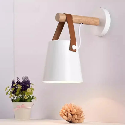 Nordic Wood and Leather Wall Lamp | Hanging Shade Bedside Light In A Black or White Finish