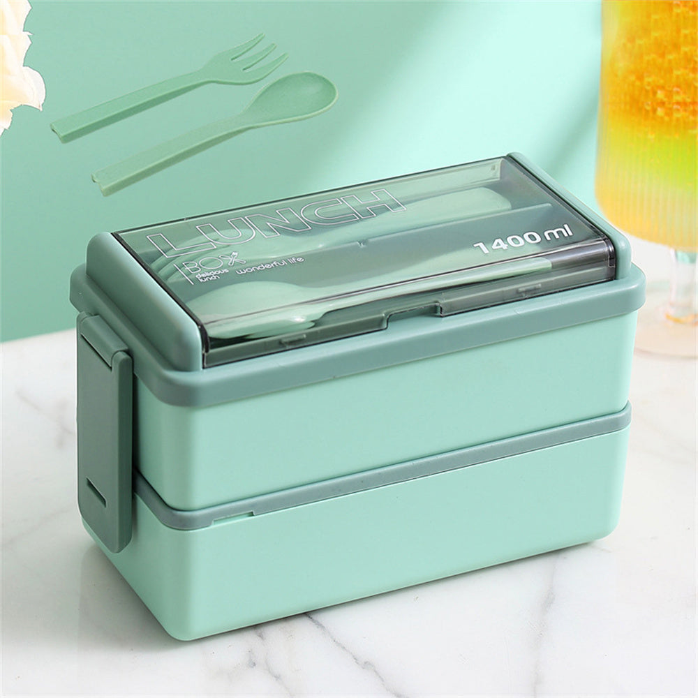 1400ml Double Layer Bento Box | Two Tier Lunch Box With A Fork and Spoon, Microwave Safe Design