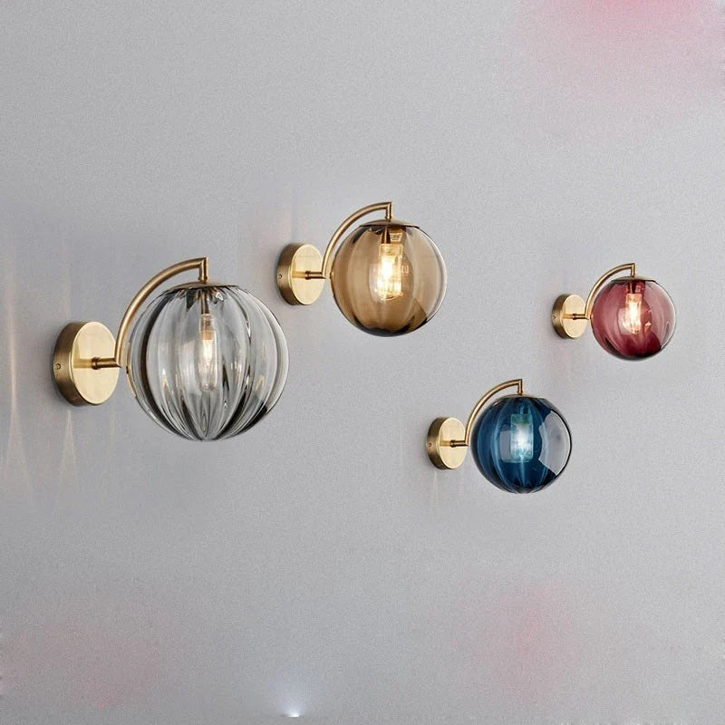 Modern Glass Ball Wall Lamp | Brass Arm and Tinted Glass Design In Four Bold Shade Colourways