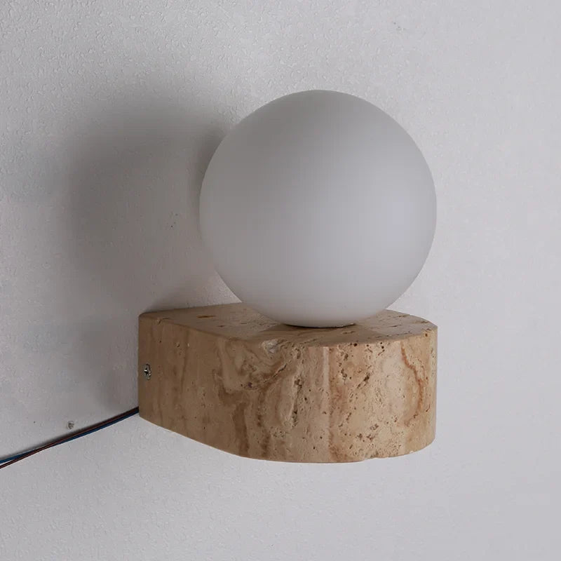 Travertine Stone Wall Lamp | Modern Japanese Style LED Sconce With A Frosted Glass Globe Shade
