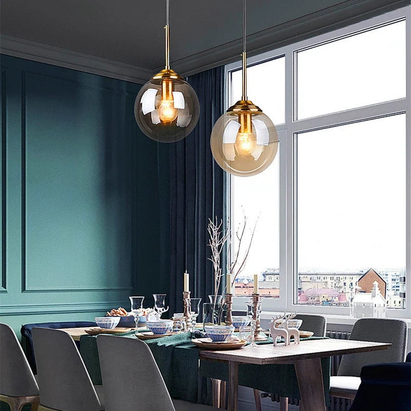 Modern Nordic Glass Globe Pendant Light | Amber, Smoke Grey or Clear Glass Hanging Ceiling Lamp