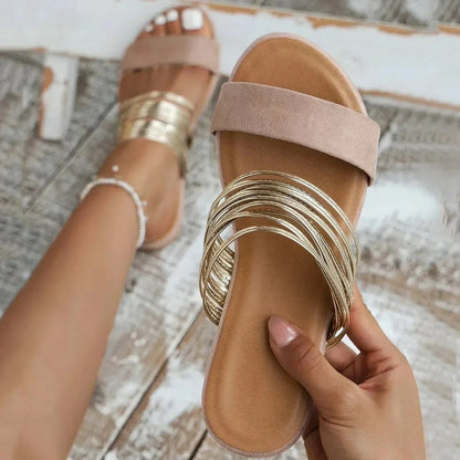 Solène Gold Strap Flat Sandals