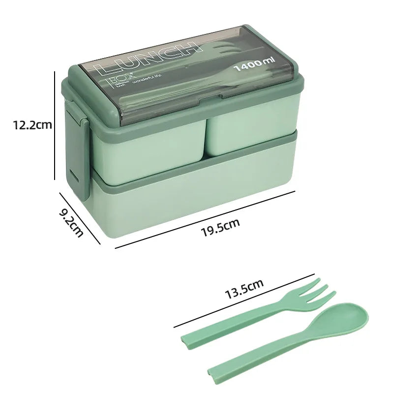 1400ml Double Layer Bento Box | Two Tier Lunch Box With A Fork and Spoon, Microwave Safe Design