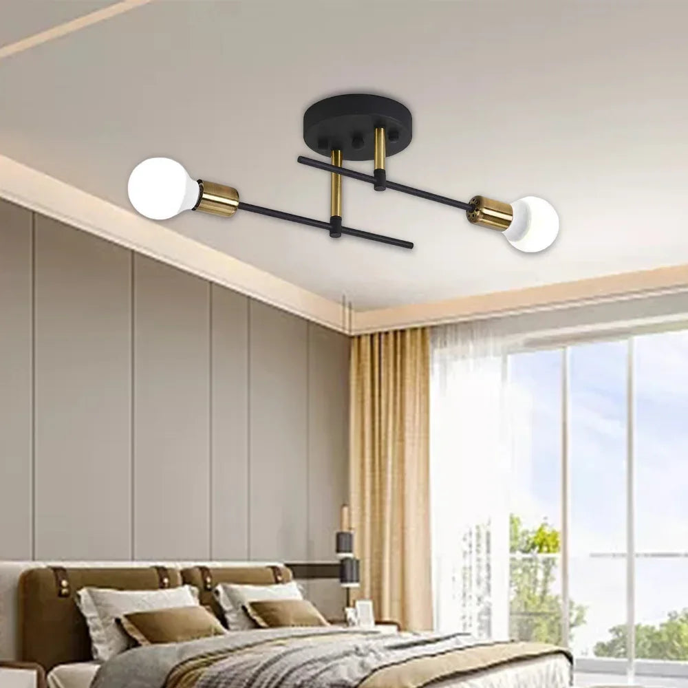 Modern 2 Light Ceiling Lamp | Black and Gold Flush Mount For Hallways, Bedrooms and Landings