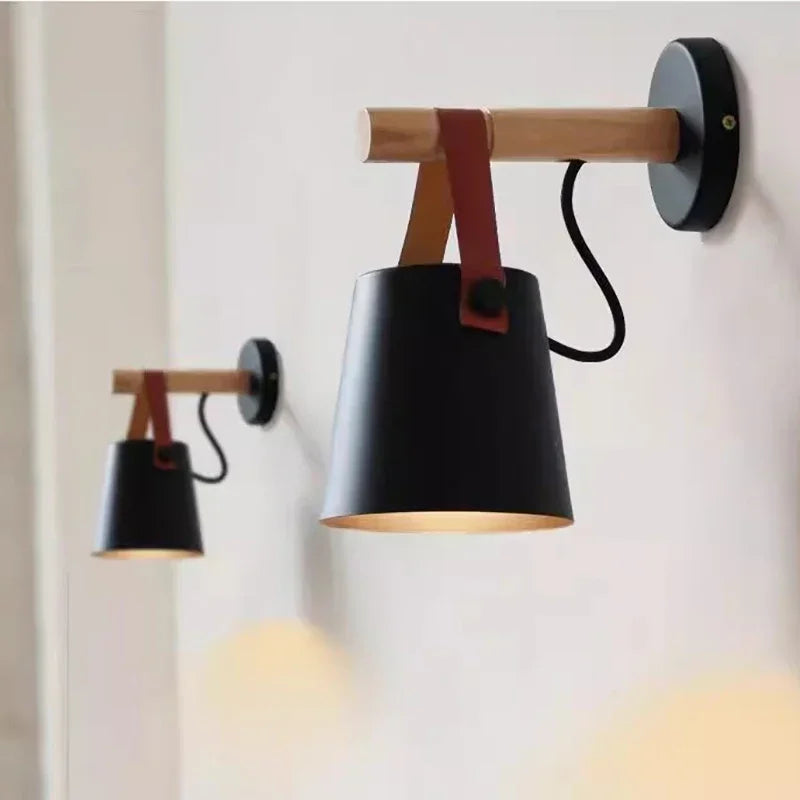 Nordic Wood and Leather Wall Lamp | Hanging Shade Bedside Light In A Black or White Finish