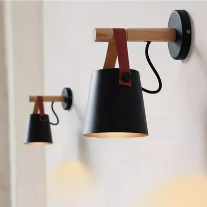 Nordic Wood and Leather Wall Lamp | Hanging Shade Bedside Light In A Black or White Finish