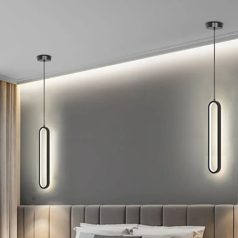 Modern Minimalist LED Pendant Light | Slim Oval Hanging Lamp In A Gold or Black Iron Finish