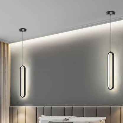 Modern Minimalist LED Pendant Light | Slim Oval Hanging Lamp In A Gold or Black Iron Finish