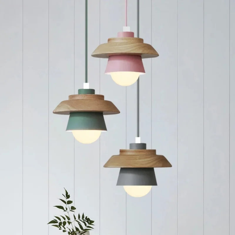 Nordic Wood Pendant Light | Colourful Macaron Design In Five Shades and Two Light Settings