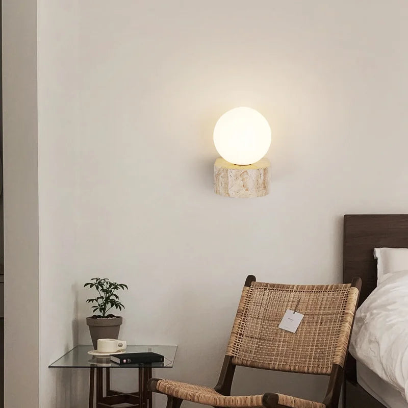 Travertine Stone Wall Lamp | Modern Japanese Style LED Sconce With A Frosted Glass Globe Shade