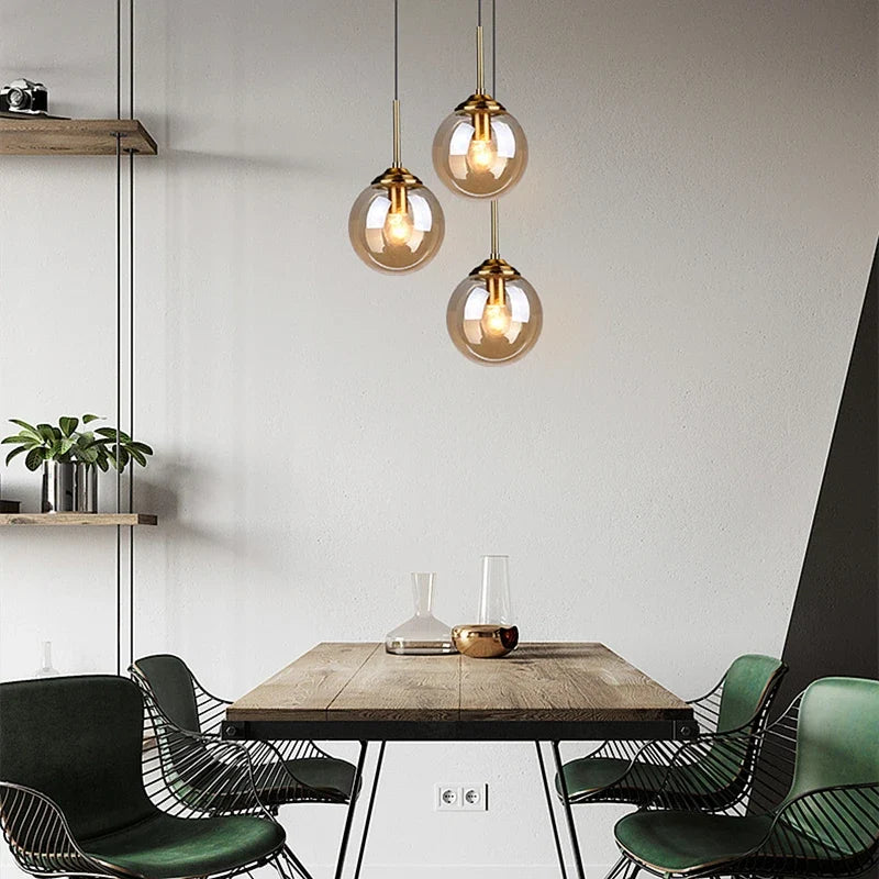 Modern Nordic Glass Globe Pendant Light | Amber, Smoke Grey or Clear Glass Hanging Ceiling Lamp