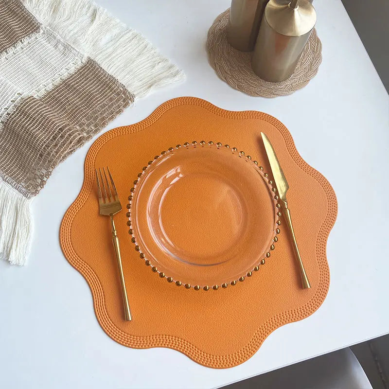 Petallay Round Faux Leather Placemats | Embossed Flower Design Table Mats For Kitchen Dining