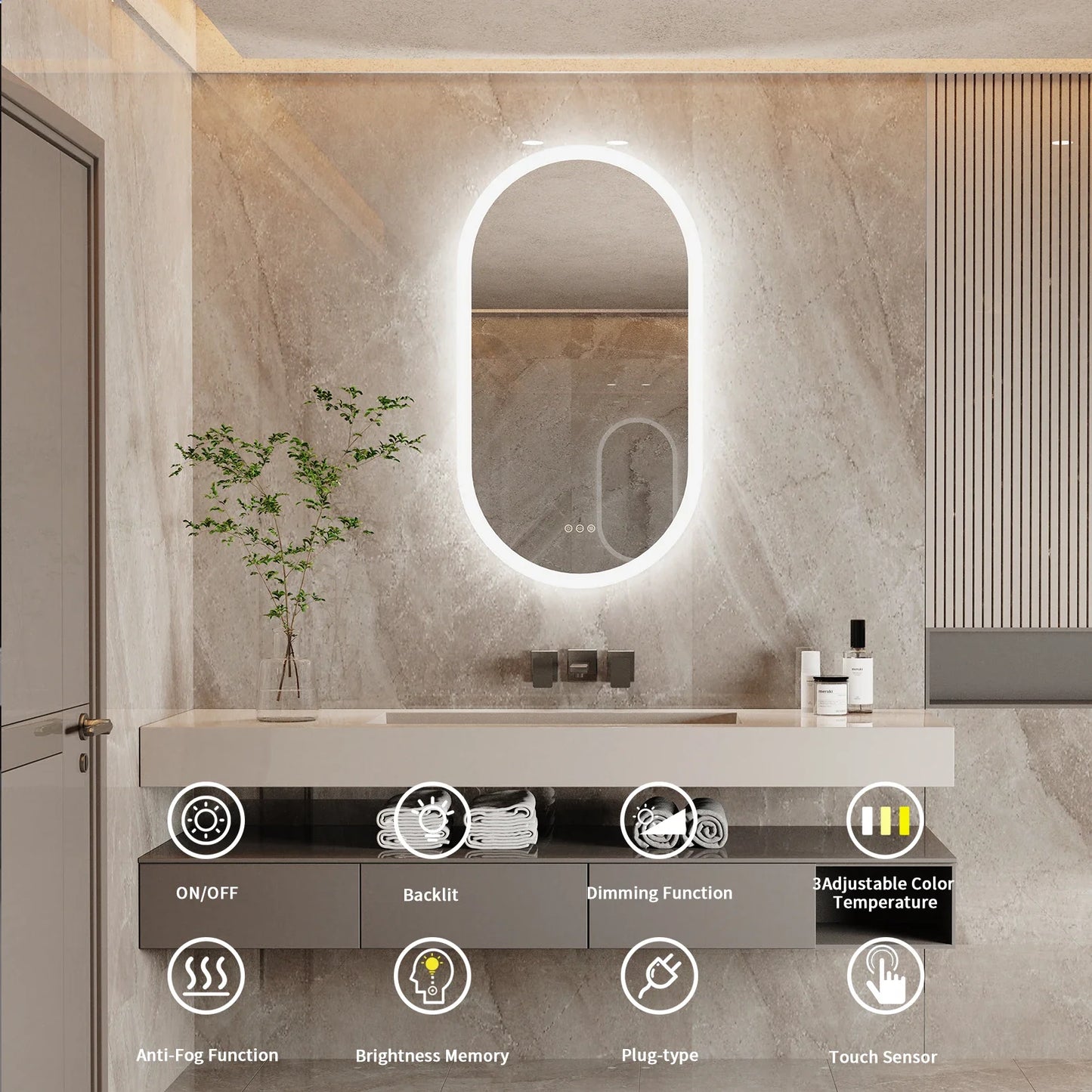 Ovalume Oval LED Bathroom Mirror | Frameless Backlit Anti Fog Vanity Mirror With Touch Control