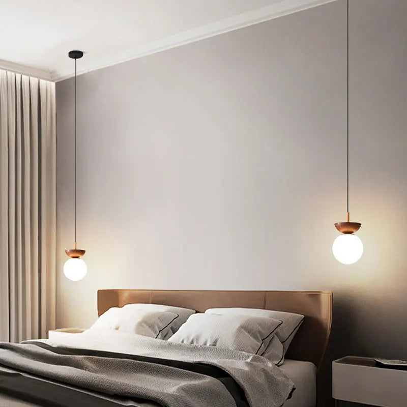 Nordic Glass Ball Light | Opal Shade With Wood Finish In Pendant or Flush Ceiling Versions