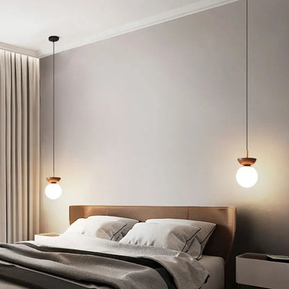 Nordic Glass Ball Light | Opal Shade With Wood Finish In Pendant or Flush Ceiling Versions