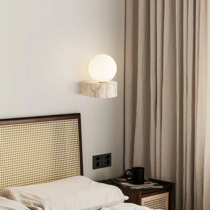 Travertine Stone Wall Lamp | Modern Japanese Style LED Sconce With A Frosted Glass Globe Shade
