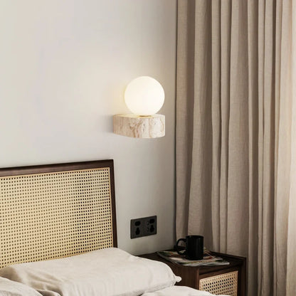 Travertine Stone Wall Lamp | Modern Japanese Style LED Sconce With A Frosted Glass Globe Shade