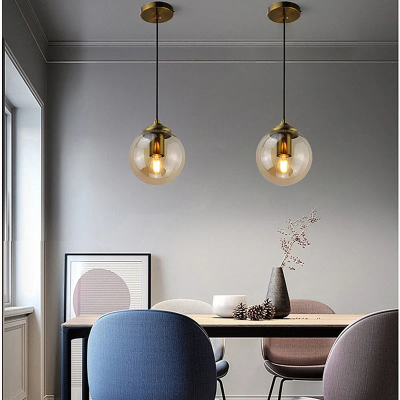 Modern Nordic Glass Globe Pendant Light | Amber, Smoke Grey or Clear Glass Hanging Ceiling Lamp