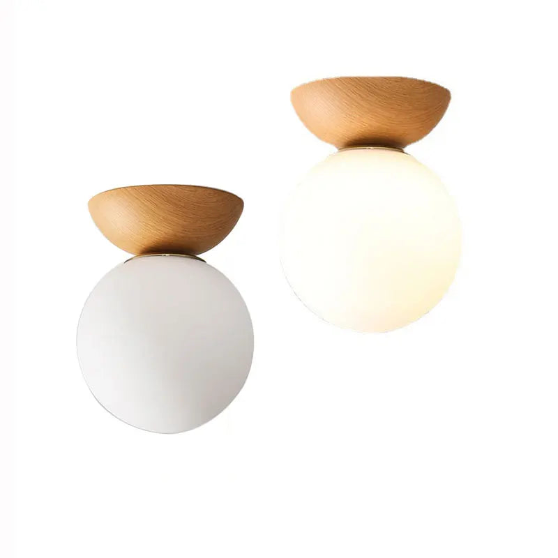 Nordic Glass Ball Light | Opal Shade With Wood Finish In Pendant or Flush Ceiling Versions