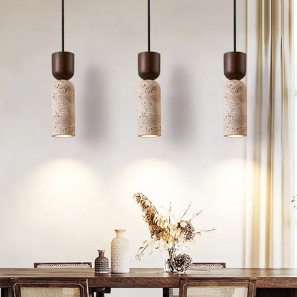 Wabi Sabi Travertine and Wood Pendant Light | Japanese Minimalist Stone Bedside Hanging Lamp
