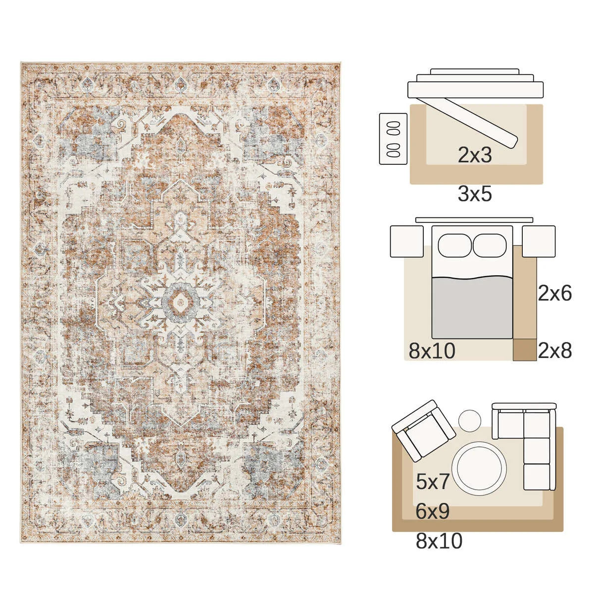 Heritage Medallion Rug | Foldable Non Slip Oriental Style Carpet In Four Sizes and Colours