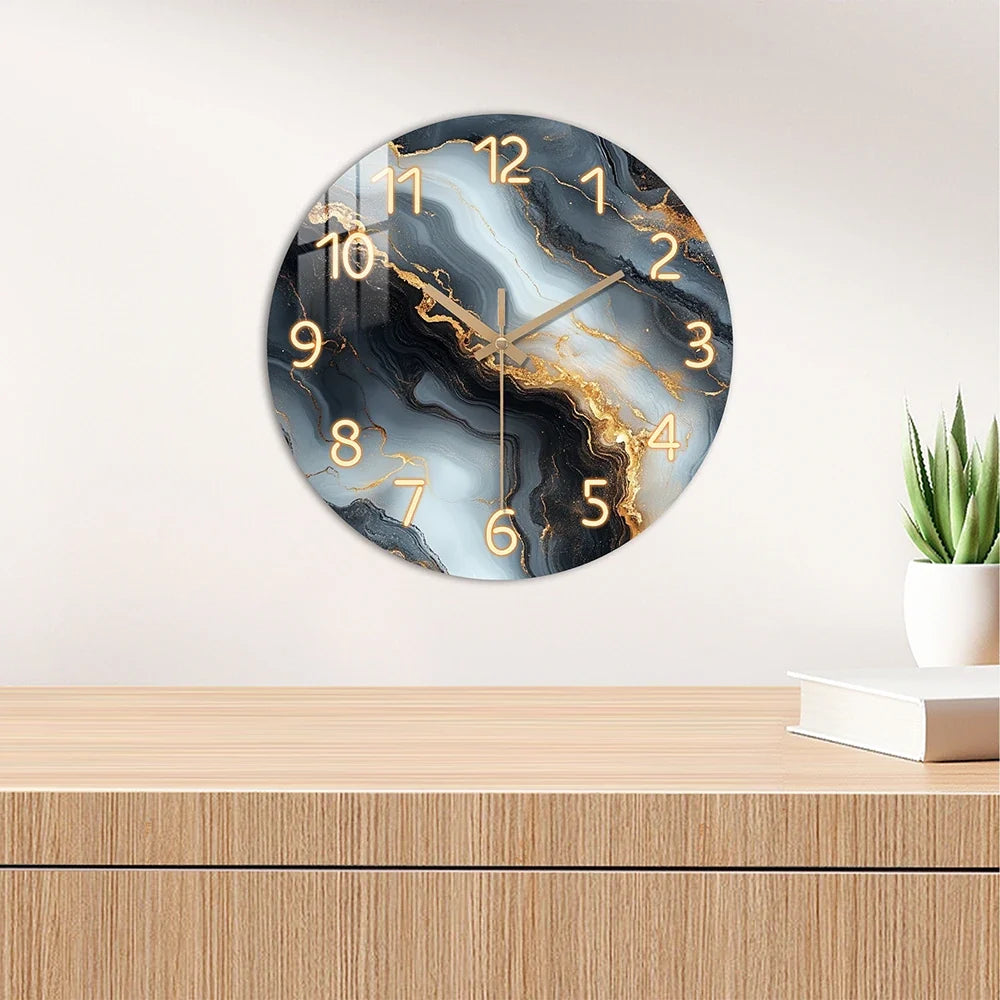 Blue And Gold Marble Wall Clock | Silent Wooden Wall Clock In Four Sizes For Kitchens and Halls