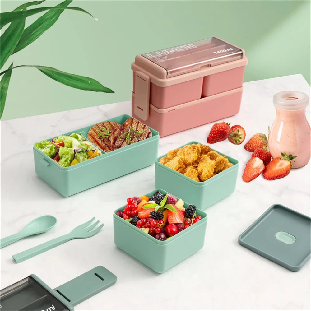1400ml Double Layer Bento Box | Two Tier Lunch Box With A Fork and Spoon, Microwave Safe Design