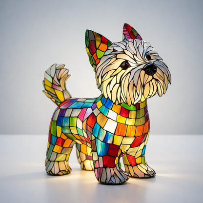 Stained Glass Dog LED Table Lamp | Sculpted Resin Night Light For Bedsides, Halls and Shelves
