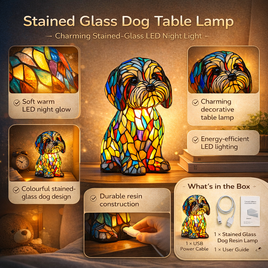 Stained Glass Dog LED Table Lamp | Sculpted Resin Night Light For Bedsides, Halls and Shelves