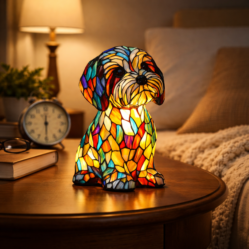 Stained Glass Dog LED Table Lamp | Sculpted Resin Night Light For Bedsides, Halls and Shelves